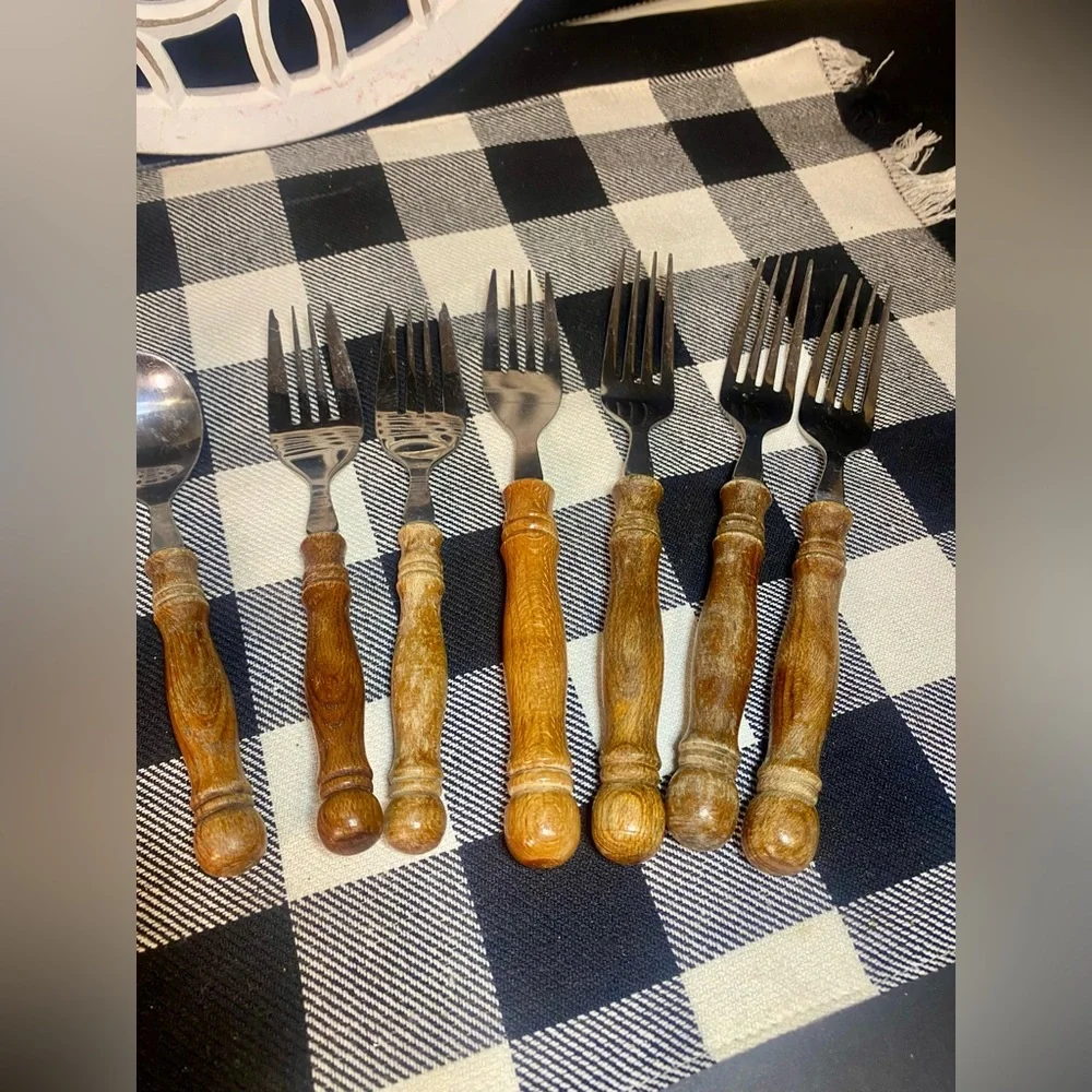 Vintage Lifetime Cutlery Stainless Silverware Wood Handle Fork‎ and Spoon Set